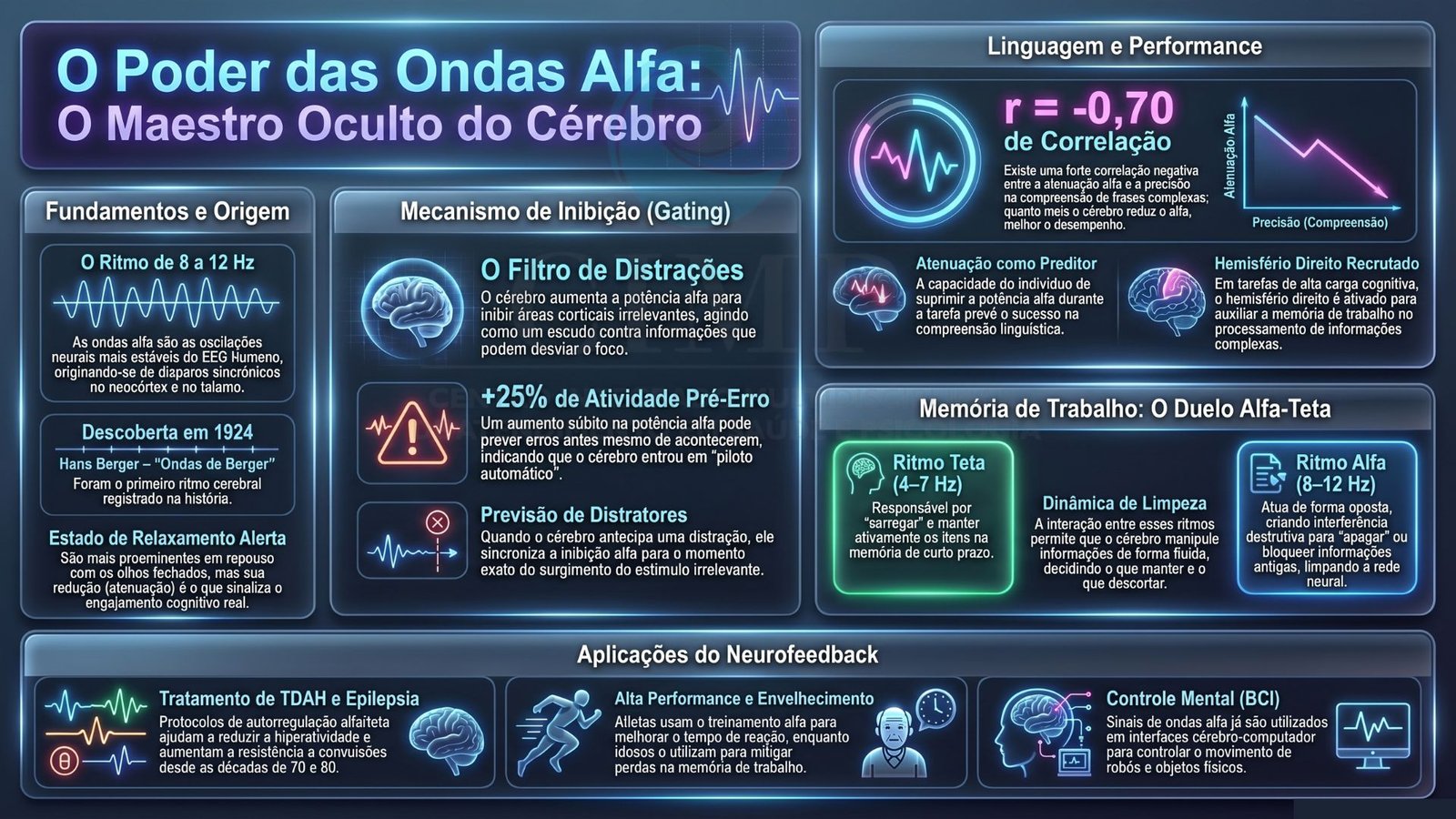 Ilustração de cérebro e sinais elétricos, representando EEG e interfaces cérebro-computador aplicadas ao TDAH